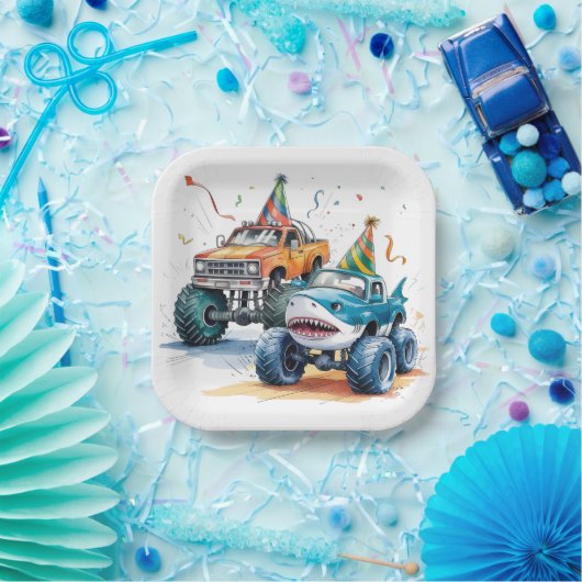 Monster Shark Truck Verjaardag Bash waterverf Papieren Bordje (Feest)