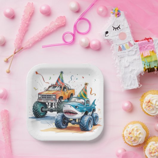 Monster Shark Truck Verjaardag Bash waterverf Papieren Bordje (Feest)