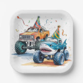 Monster Shark Truck Verjaardag Bash waterverf Papieren Bordje (Voorkant)