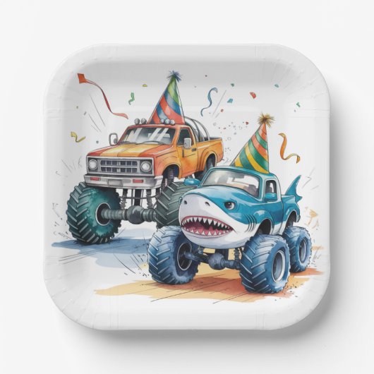Monster Shark Truck Verjaardag Bash waterverf Papieren Bordje (Voorkant)