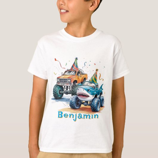 Monster Shark Truck Verjaardag Bash waterverf T-shirt (Voorkant)