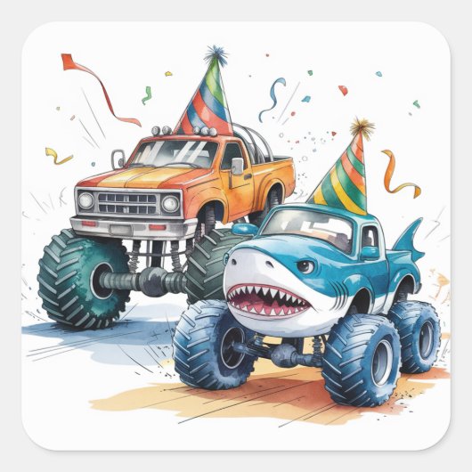 Monster Shark Truck Verjaardag Bash waterverf Vierkante Sticker (Voorkant)