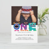Monster Text First Birthday Foto gepersonaliseerd Kaart (Staand voorkant)