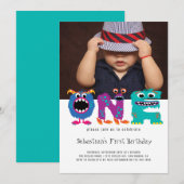 Monster Text First Birthday Foto gepersonaliseerd Kaart (Voorkant / Achterkant)