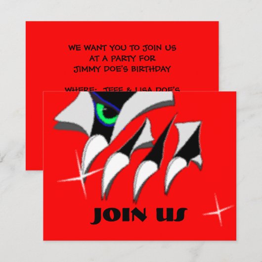 MONSTER THEME CLAWS & EYE PARTY INVITATIONS INVITE KAART (Voorkant / Achterkant)