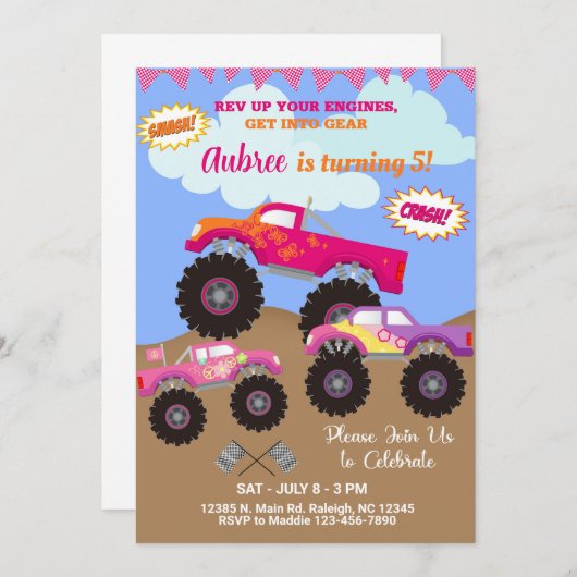 Monster transporteert een roze uitnodiging voor de (Voorkant / Achterkant)