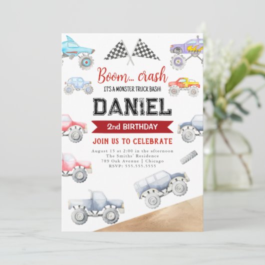 Monster Truck 2e verjaardag uitnodiging (Staand voorkant)