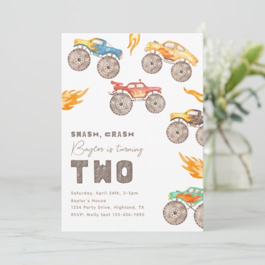 Monster Truck 2e verjaardag Uitnodiging | Vrachtwa (Staand voorkant)