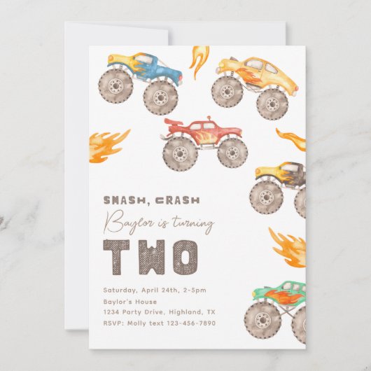 Monster Truck 2e verjaardag Uitnodiging | Vrachtwa (Voorkant)