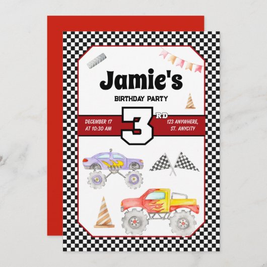 Monster Truck 3e verjaardag uitnodiging (Voorkant / Achterkant)