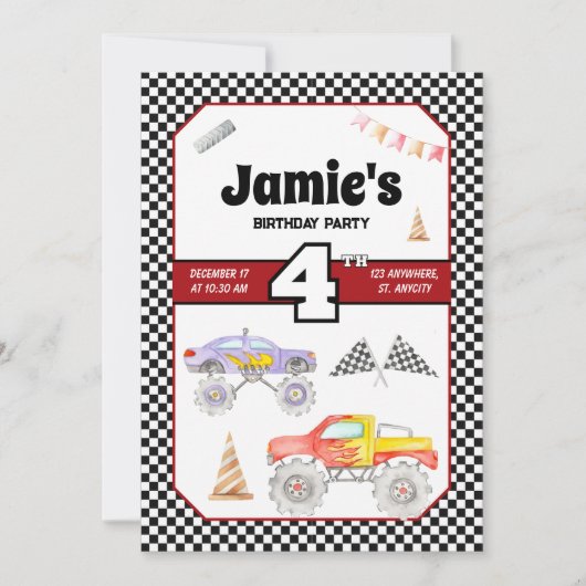 Monster Truck 4e verjaardag uitnodiging (Voorkant)