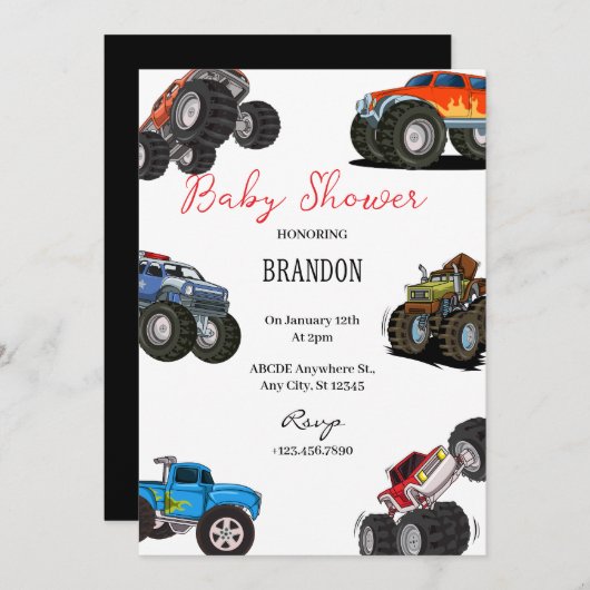 Monster Truck Baby shower Invitation Kaart (Voorkant / Achterkant)