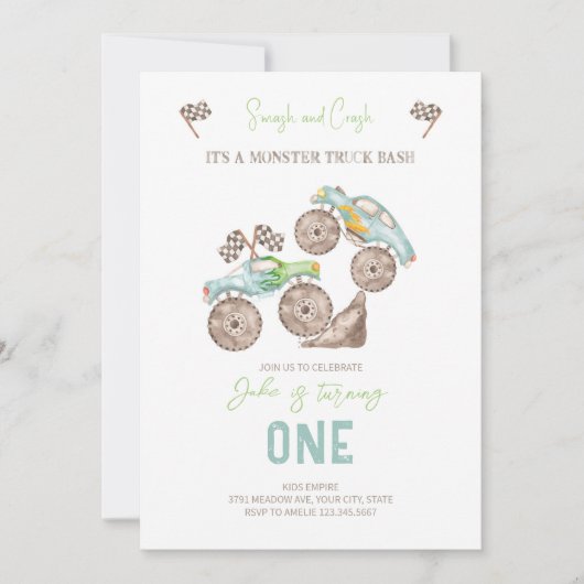 Monster Truck Bash 1e verjaardag uitnodiging (Voorkant)