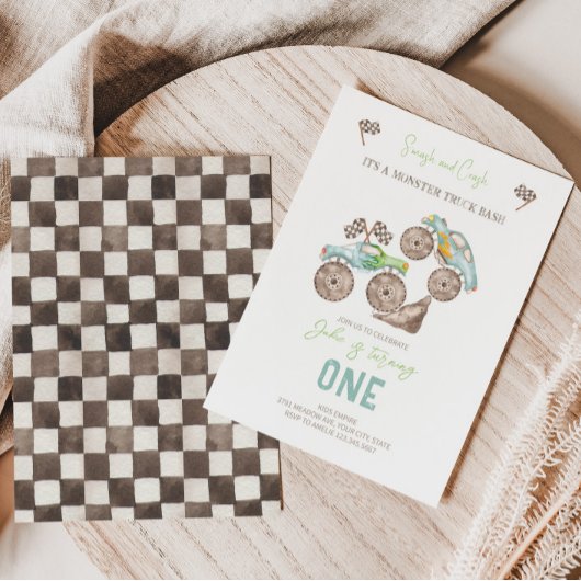 Monster Truck Bash 1e verjaardag uitnodiging