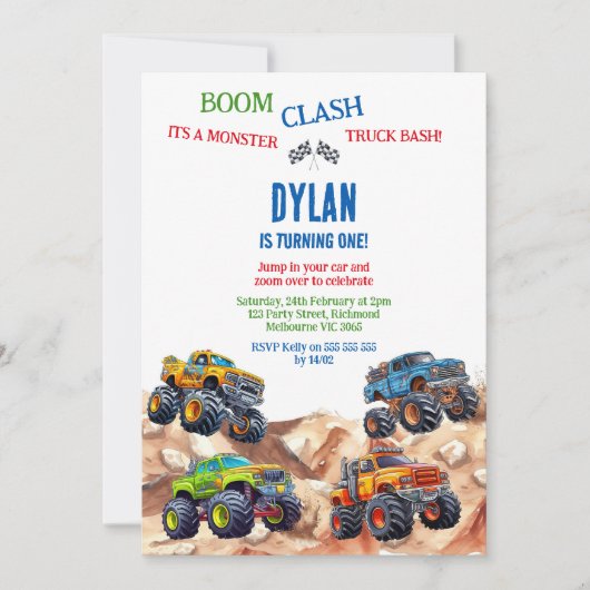 Monster Truck Bash Boy Birthday Invitation Kaart (Voorkant)
