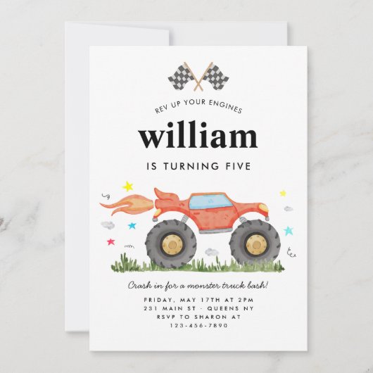 Monster Truck Bash Car Race Vlaggen Kids Verjaarda Kaart (Voorkant)