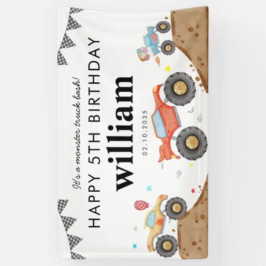 Monster Truck Bash Car Race Vlaggen Verjaardag Wel Spandoek (Verticaal)