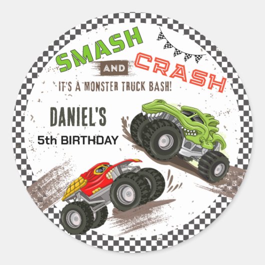 Monster truck bash cool modern cute 5th birthday  ronde sticker (Voorkant)
