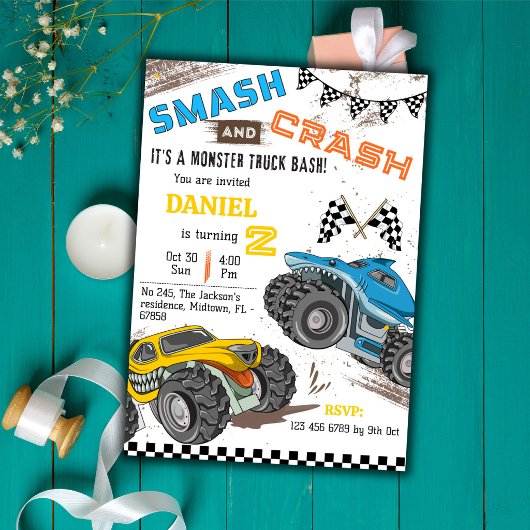 Monster truck bash cool modern kid 2nd birthday kaart