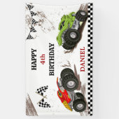 Monster truck bash cool modern kid 4th birthday spandoek (Verticaal)