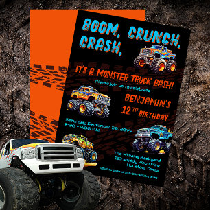 Monster Truck Bash Jongen 12e Verjaardagsfeestje Kaart