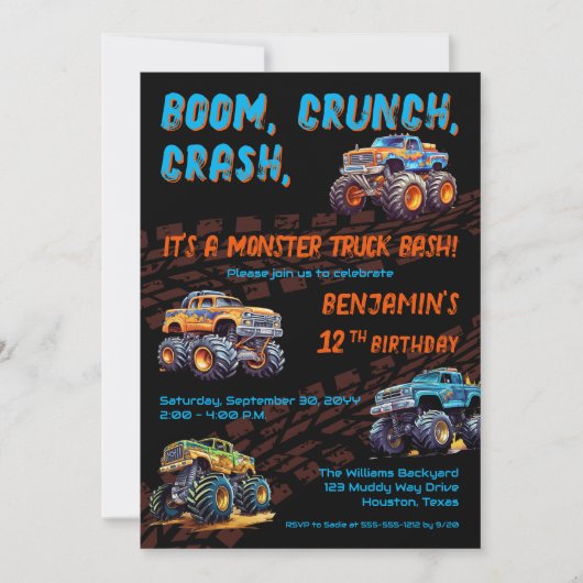 Monster Truck Bash Jongen 12e Verjaardagsfeestje Kaart (Voorkant)