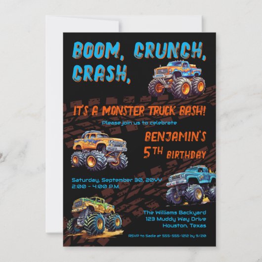 Monster Truck Bash Jongen 5e Verjaardagsfeestje Kaart (Voorkant)