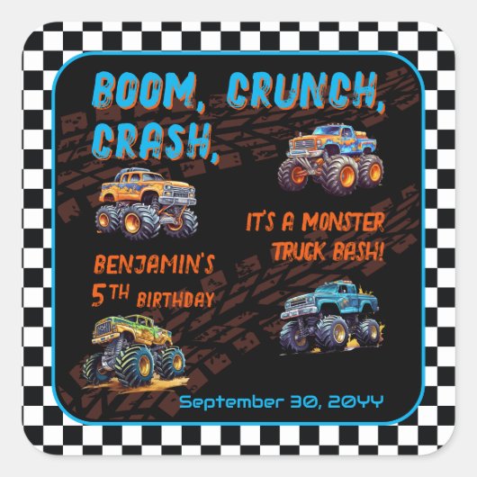 Monster Truck Bash Jongen 5e Verjaardagsfeestje Vierkante Sticker (Voorkant)