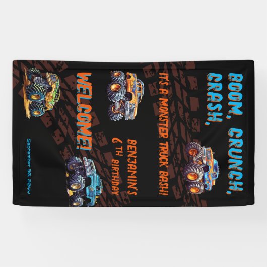Monster Truck Bash Jongen 6e Verjaardagsfeestje Spandoek (Horizontaal)