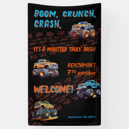 Monster Truck Bash Jongen 7e Verjaardagsfeestje Spandoek (Verticaal)