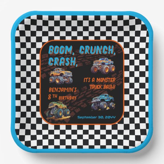 Monster Truck Bash Jongen 8e Verjaardagsfeestje Papieren Bordje (Voorkant)