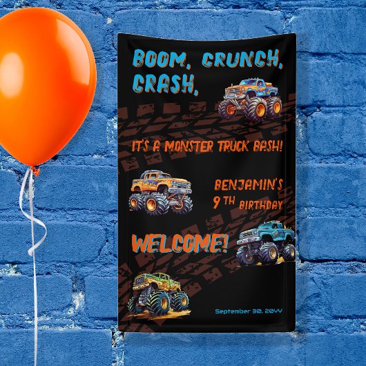 Monster Truck Bash Jongen 9e Verjaardagsfeestje Spandoek