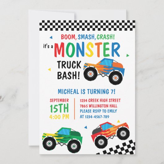 Monster Truck Bash Kleurrijke Groovy Kids Verjaard Kaart (Voorkant)