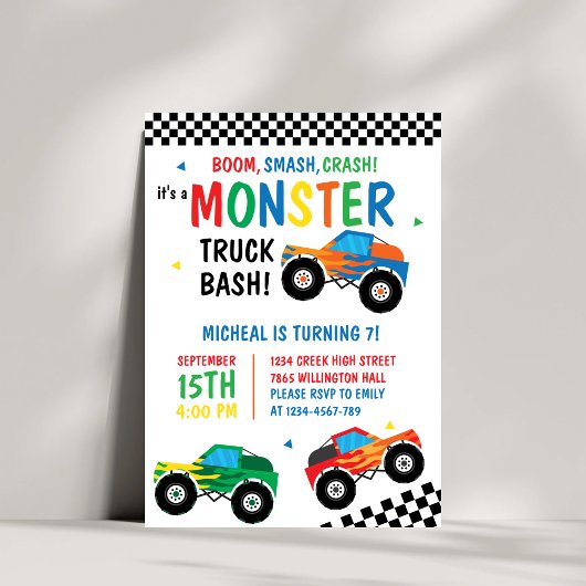 Monster Truck Bash Kleurrijke Groovy Kids Verjaard Kaart