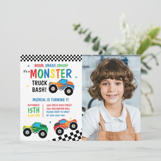 Monster Truck Bash Kleurrijke Groovy Kids Verjaard Kaart (Staand voorkant)