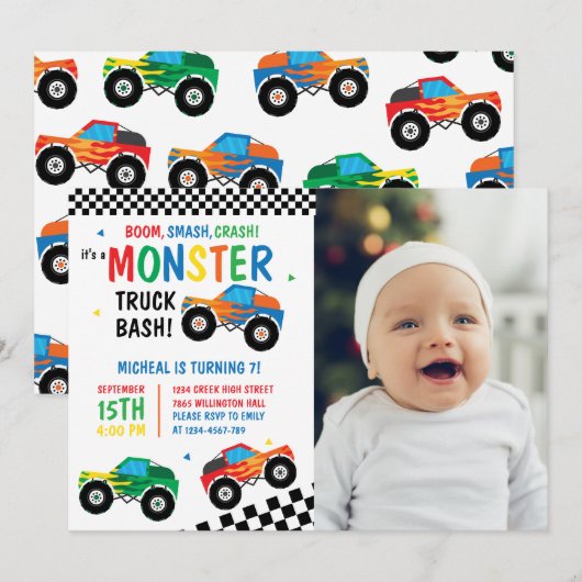 Monster Truck Bash Kleurrijke Groovy Kids Verjaard Kaart (Voorkant / Achterkant)