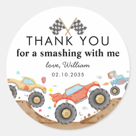 Monster Truck Bash Race Kids Verjaardag Bedankt Ronde Sticker (Voorkant)