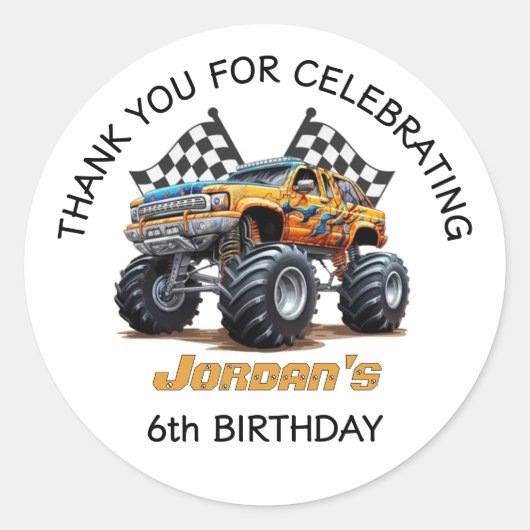 Monster Truck Bedankt Verjaardagsfeest Ronde Sticker (Voorkant)