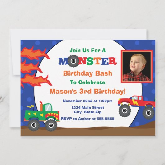 Monster Truck Birthday Invitation 5x7 Fotokaart Kaart (Voorkant)