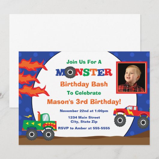 Monster Truck Birthday Invitation 5x7 Fotokaart Kaart (Voorkant / Achterkant)