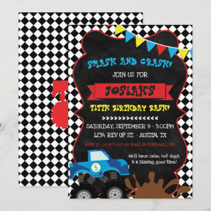 Monster Truck Birthday Invitation Checkered Flag Kaart