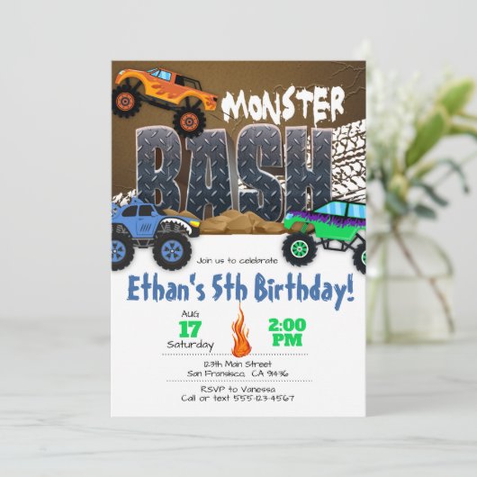 Monster Truck Birthday Invitation - Monster Bash Kaart (Staand voorkant)