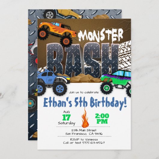 Monster Truck Birthday Invitation - Monster Bash Kaart (Voorkant / Achterkant)