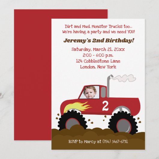 Monster Truck Birthday Invitation Red met foto Kaart (Voorkant / Achterkant)