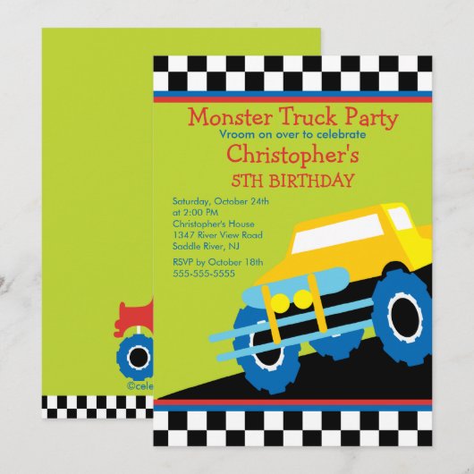 Monster truck Birthday Party for boys Kaart (Voorkant / Achterkant)