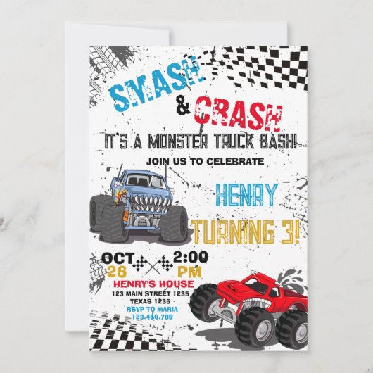 Monster Truck Birthday Party Invitation Kaart (Voorkant)