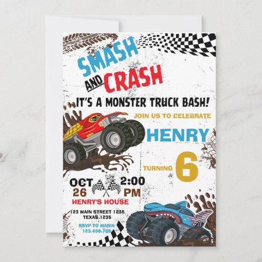 Monster Truck Birthday Party Invitation Kaart (Voorkant)