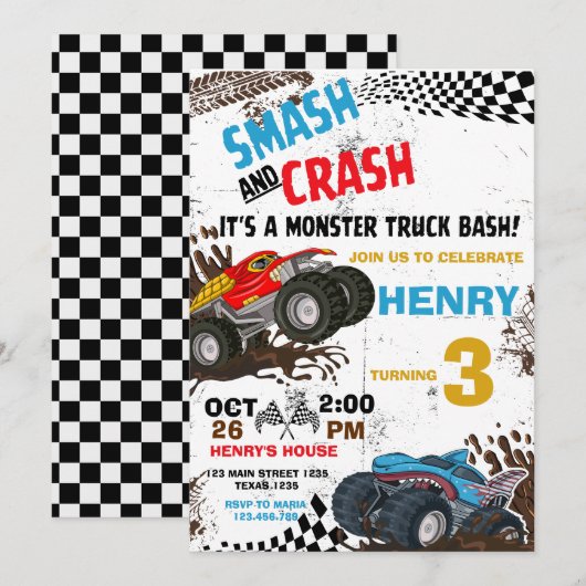 Monster Truck Birthday Party Invitation Kaart (Voorkant / Achterkant)
