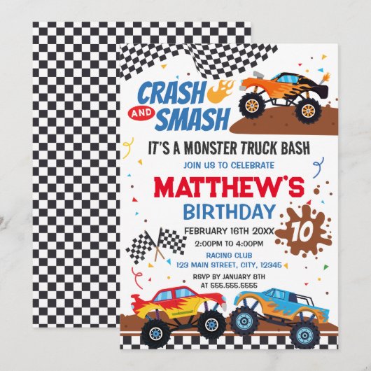 Monster Truck Birthday Party Invitation Kaart (Voorkant / Achterkant)