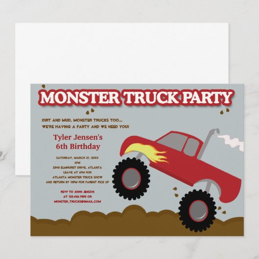 Monster Truck Birthday Party (Rode / grijze kleure Kaart (Voorkant / Achterkant)